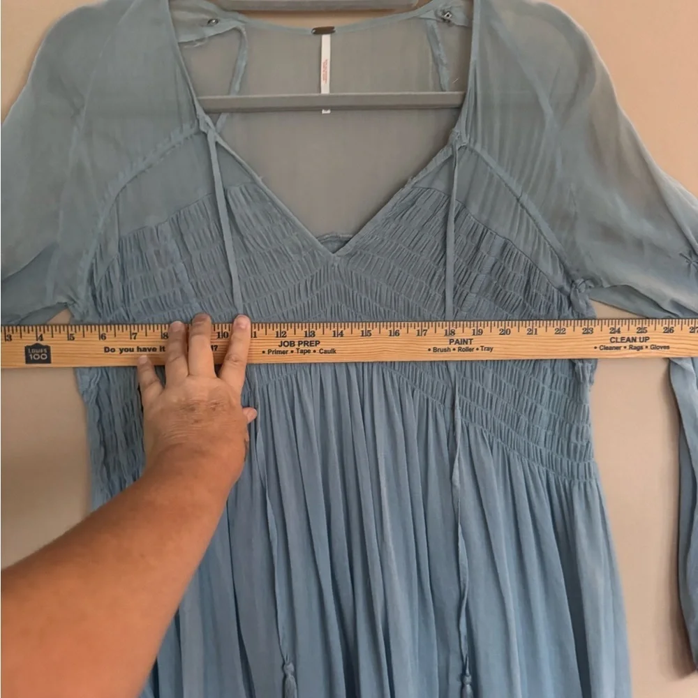 Free People Blue Lini Smocked V-Neck Tassel Boho Tunic Top Size XS